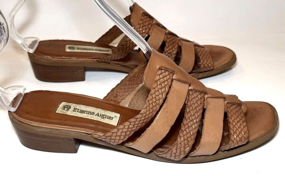 Vintage Etienne Aigner Waikiki Leather Woven Slide Sandals Brown 10M Brazil